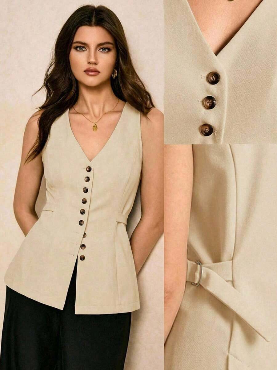 Elegante blusa marrón con cierre de botones delantero y cintura ceñida, elegante y ajustada a la cintura, blusa elegante para mujer, blusas elegantes para mujer, sencilla y elegante, adecuada para uso diario, salir, ir al trabajo, otoño/invierno, blusas marrones para mujer, blusa color caqui, blusa marrón café - Albaricoque - Ver 1