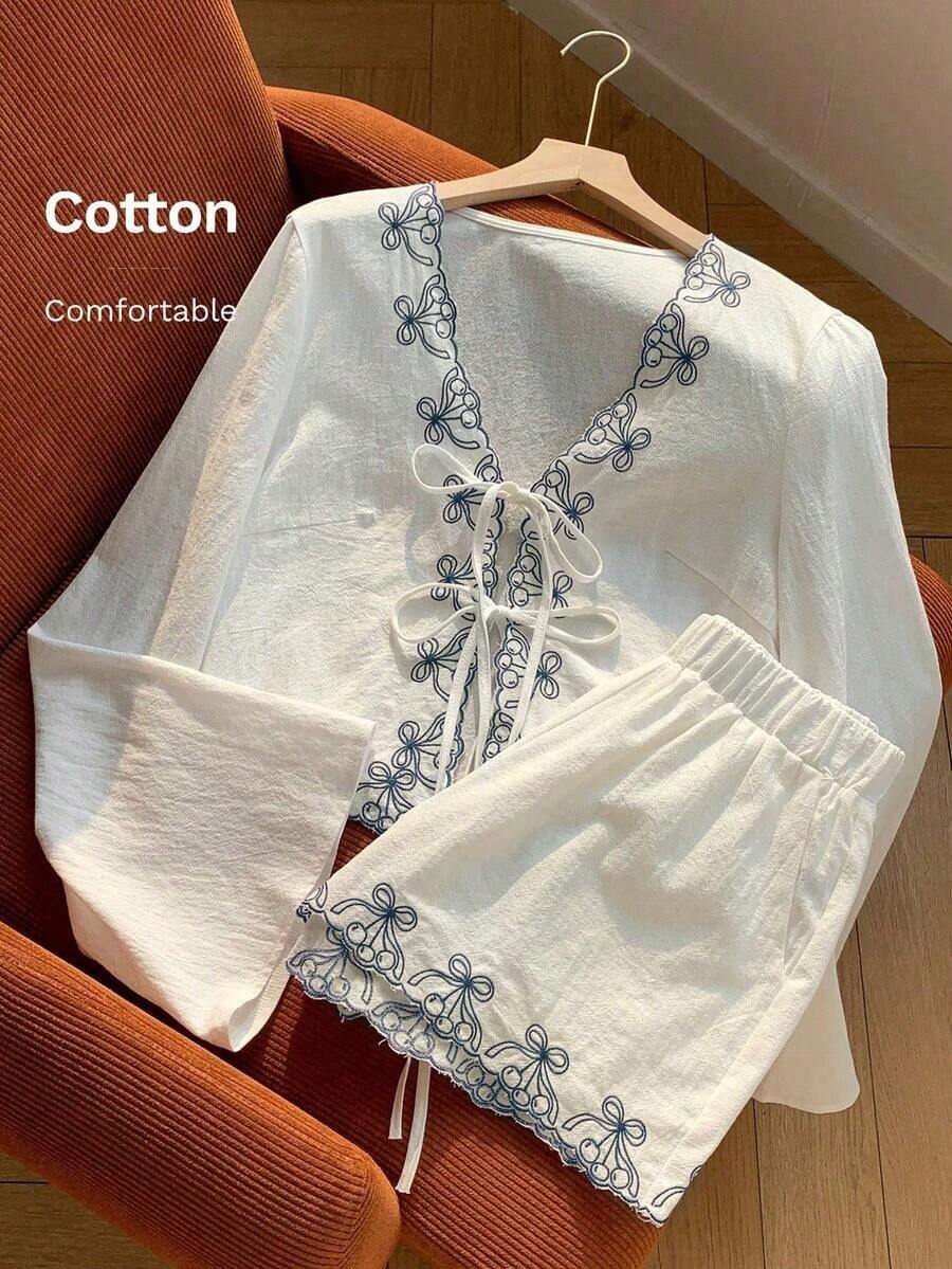 Conjunto de blusa con amarre al frente y shorts con estampado de anacardo para mujer, en estilo bohemio - Azul - Ver 1