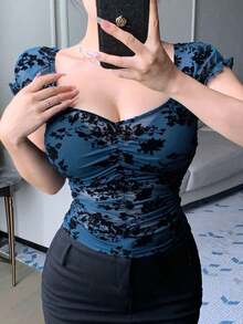 Blusa de mujer de manga corta con cuello cuadrado, fruncido, de malla floral, casual, crop top, para volver al colegio, azul, Pascua - azul real - Ver 1