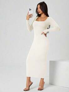 Vestido largo de manga larga con cuello cuadrado color negro sólido ajustado, vestido elegante de manga larga para mujer con cuello cuadrado, ajuste ceñido, manga recta, liso, para uso diario casual en primavera/otoño - Blanco - Ver 5