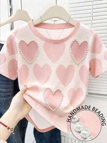 Camiseta regular de mujer, efecto de mezclilla con contraste de color y estampado de perrito de mezclilla - Rosa 2 - Ver 1