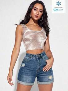 Shorts de mezclilla de cintura alta, ajustados y de moda para mujeres con diseño desgastado - Azul lavado oscuro - Ver 3