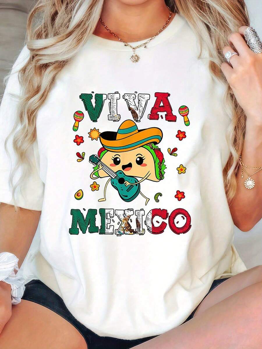 Women's Cotton T-Shirt With A Mexican Independence Day Flag Print And Mexican Roll Pattern, 100% Cotton, All-Season Casual Wear, Mexican Style, Personalized, Made Of Knit Fabric With Slight Elasticity, Suitable For Weekend Casual Wear, And Machine Washable, A Practical Choice For Everyday Use - Women's 180G Pure Cotton T-Shirt - 白色 - 查看 1