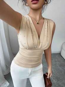 Camiseta de mujer elegante y romántica con perlas beige - Albaricoque - Ver 7
