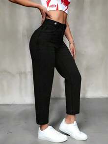Pantalones vaqueros informales de mujer con bolsillos de forma cónica y multiusos - Negro - Ver 3