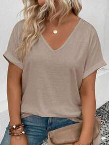 Selamara Camiseta casual versátil de talla grande con diseño de encaje y parches, nueva llegada para primavera/verano para mujeres - Caqui - Ver 1