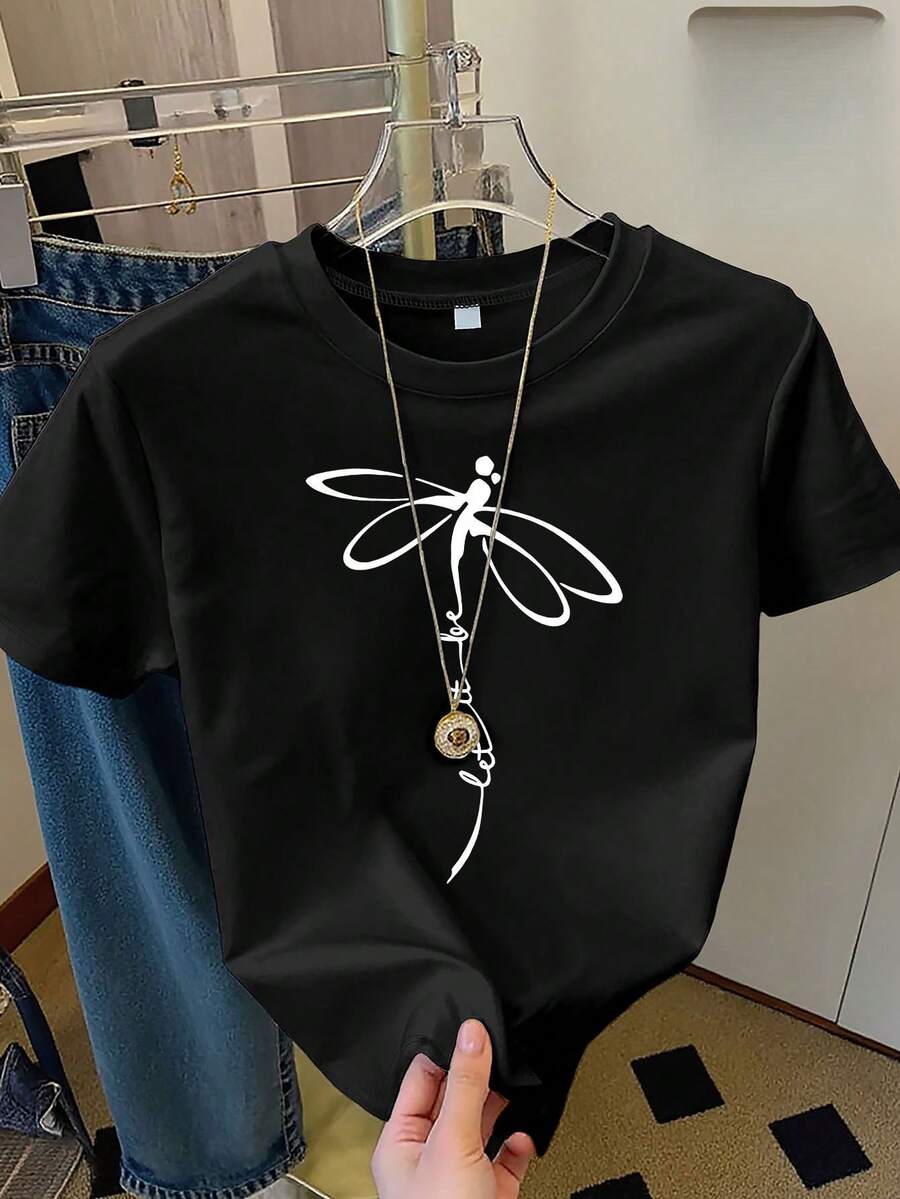Monochromatic Ode To The Elegance Of Nature, Standard Size, Women's Casual Home T-Shirt, Printed, Round Neck, Sheer Short Sleeve - 黑色 - 查看 1