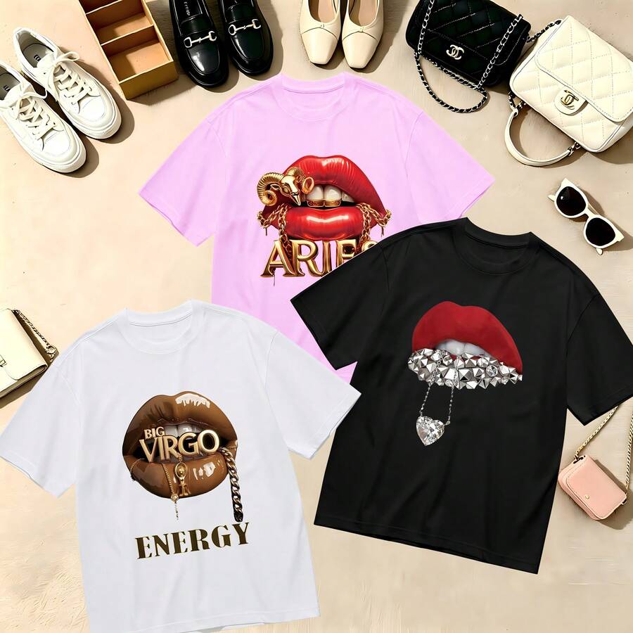 Choose One Of The Three Sets Women's T-Shirt Retro Zodiac Sign Print 100% Cotton Oversized Soft Breathable Casual Crewneck Short Sleeve Top Streetwear Summer Vibes - 粉色 - 查看 1