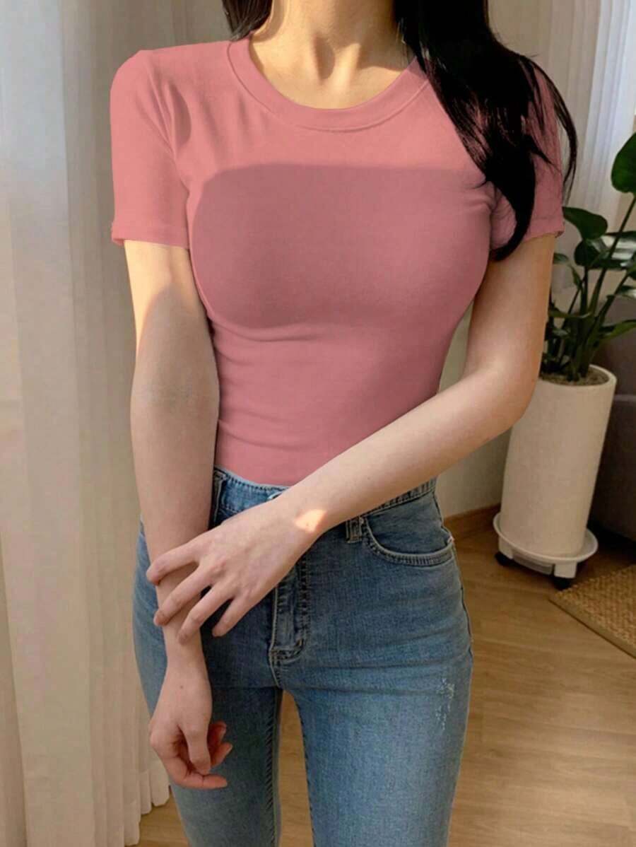 Camiseta de cuello redondo de ajuste delgado de unicolor liso, casual y versátil - Rosa - Ver 1