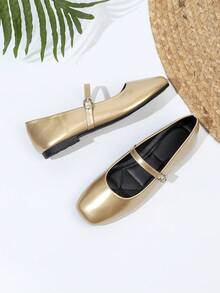 Sepatu Mary Jane Minimalis Ujung Persegi, Sepatu Wanita Serbaguna - Emas - View 5