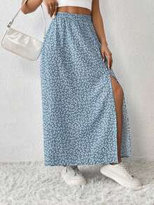 Falda De Verano Para Mujeres Con Estampado Floral Pequeño Y Abertura De Muslo - Azul - Ver 6