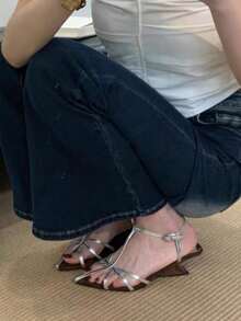 复古细带凉鞋，小众设计不对称坡跟高跟鞋，露趾，女士夏季鞋履 - 銀色 - 查看 3