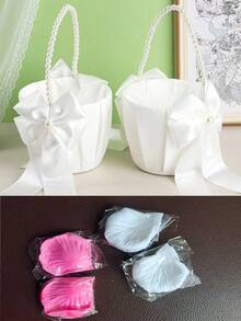Elegant Flower Girl Basket For Wedding Satin Flower Petal Basket With Pearl Hand Grip And Bow Accents - Pearl Bow Flower Basket - View 14