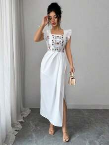 YHHSHEIN Elenzya Vestido casual de vacaciones con cuello cuadrado, mangas cortas, estampado digital frontal, bajo asimétrico y plisado, adecuado para mujeres de 20 a 35+ años para uso diario y reuniones (estampado de colocación)YHH - Blanco - Ver 5