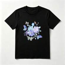 Flores Azules Playera de Algodón Negro con Mariposas Romántica - Negro - Ver 1