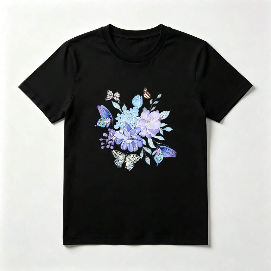 Flores Azules Playera de Algodón Negro con Mariposas Romántica - Negro - Ver 1