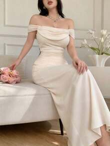 YHHCelisse Vestido elegante ajustado con hombros descubiertos y drapeado de unicolorYHH - Rosa - Ver 9