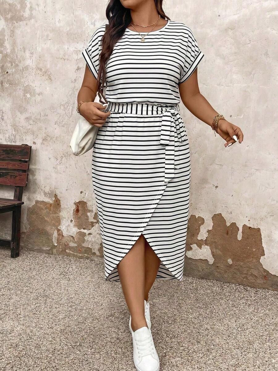 Vestido casual de talla grande para mujer con cuello redondo, manga corta tipo murciélago y bajo asimétrico.Vestido largo de verano para mujer - Multicolor 3 - Ver 1
