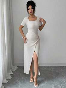 YHHElenzga Vestido largo de manga larga con cuello cuadrado irregular, botones metálicos decorativos y bajo asimétrico para estilizar la cintura, en tela texturizada color albaricoque. Elegante y sofisticado para el Día de San Valentín, Pascua, Día del Trabajo, cumpleaños, citas, fiestas, ocasiones formales, atuendo de maestra, viajes, primavera/veranoYHH - Albaricoque - Ver 4