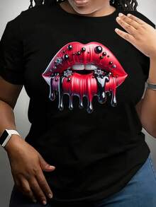 Camiseta de mujer, camiseta básica para mujer, camiseta con estampado de labios en forma de gota de agua en negro brillante y rojo - top casual de manga corta y cuello redondo, diseño de arte de labios, ropa casual versátil para todas las estaciones, camiseta de mujer cómoda y elegante. - Negro - Ver 1