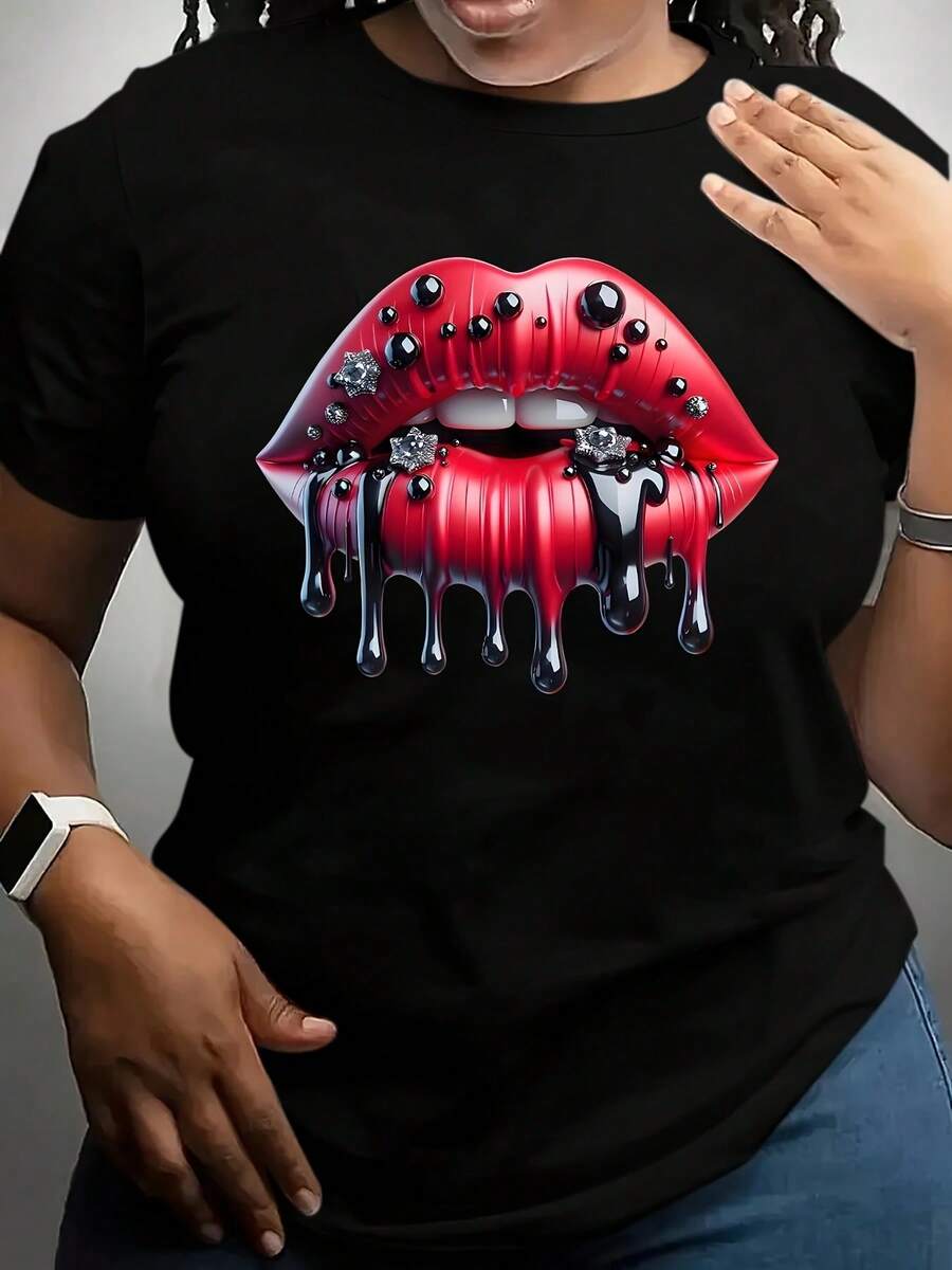 Camiseta de mujer, camiseta básica para mujer, camiseta con estampado de labios en forma de gota de agua en negro brillante y rojo - top casual de manga corta y cuello redondo, diseño de arte de labios, ropa casual versátil para todas las estaciones, camiseta de mujer cómoda y elegante. - Negro - Ver 1