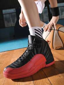 Men's White High-Top Basketball Shoes, Non-Slip Cushion Sole Athletic Sneakers For Gym, Walking & Casual - 黑紅2 - 查看 2