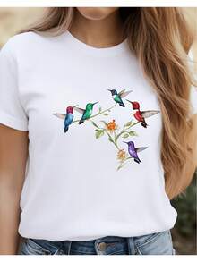 Camiseta para mujer con estampado floral de colibríes coloridos, diseño casual de verano inspirado en la naturaleza, White2D, camiseta de mujer de diseño holgado casual, holgada y ligeramente larga - Blanco - Ver 1