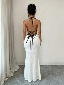 LilyHouse Damen Spaghetti-Träger Rückenausschnitt Strick Meerjungfrau Kleid, Weiß/Schwarz, Lässig, Urlaub, Outdoor, Alltag, Sommer Strand Kleid Party Elegant - Weiss - Übersicht 7