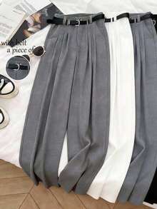 Pantalones anchos casuales y sueltos para mujer con bolsillos, decoración de cinturón en la cintura, diseñados para mujeres, adecuados para negocios, oficina, uniforme de maestro, uso casual versátil de moda, pantalones anchos para ir y venir, aptos para primavera, verano y otoño - Gris - Ver 7
