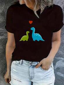 Women's Casual T-Shirt - Short Sleeve Casual T-Shirt With Dinosaur And Heart Balloon Print - Soft, Stretchy, Crew Neck, Summer Top, Machine Washable, Comfortable Fit, Relaxed Style, Fun Design, Printed T-Shirt, Ideal For Fashion Enthusiasts - 100% Cotton - Durable - 黑色 - 查看 7