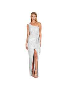 Vestido de mujer color champán con lentejuelas, diseño asimétrico de un hombro, escote en V con abertura lateral alta, corte maxi elegante ideal para fiestas de noche, graduaciones y eventos formales, estilo glamoroso perfecto para celebraciones de invierno y otoño - Plateado - Ver 2