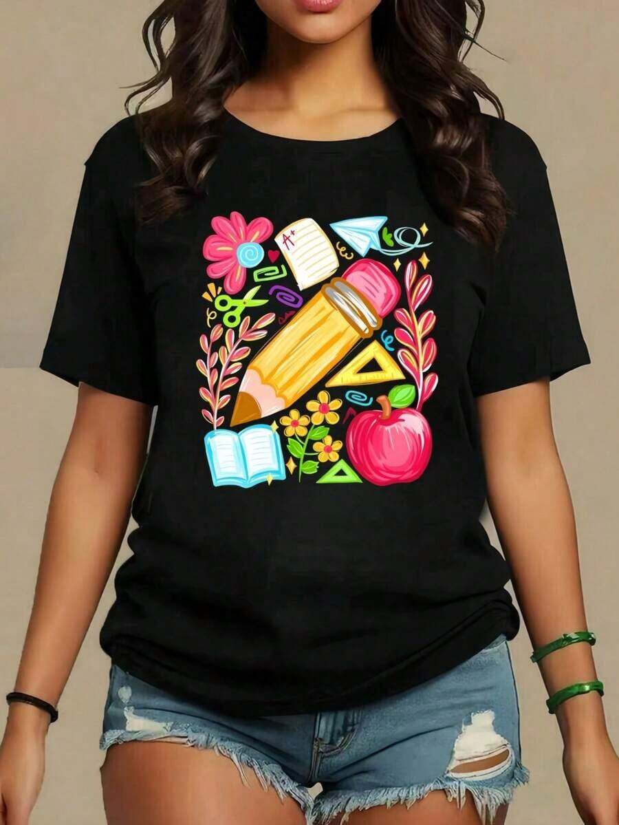 Camiseta de manga corta de moda para primavera y verano de 2026, hecha en México, 180 gramos. Estampado de dibujos animados, modelo de pareja, apta para uso interior o exterior. Cuello redondo, unisex, ideal para oficina y ocio. Paquete de una pieza. blusas casuales para dama - Negro - Ver 1