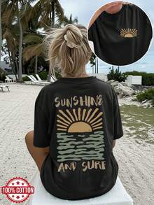 Ropa de Mujer Reversible Estampada para Primavera y Verano, con Estilo Vintage de Sol y Olas, Perfecta para Uso Casual. Camiseta de manga corta, hombros caídos, de corte holgado, ropa de invierno para mujer - Negro - Ver 7