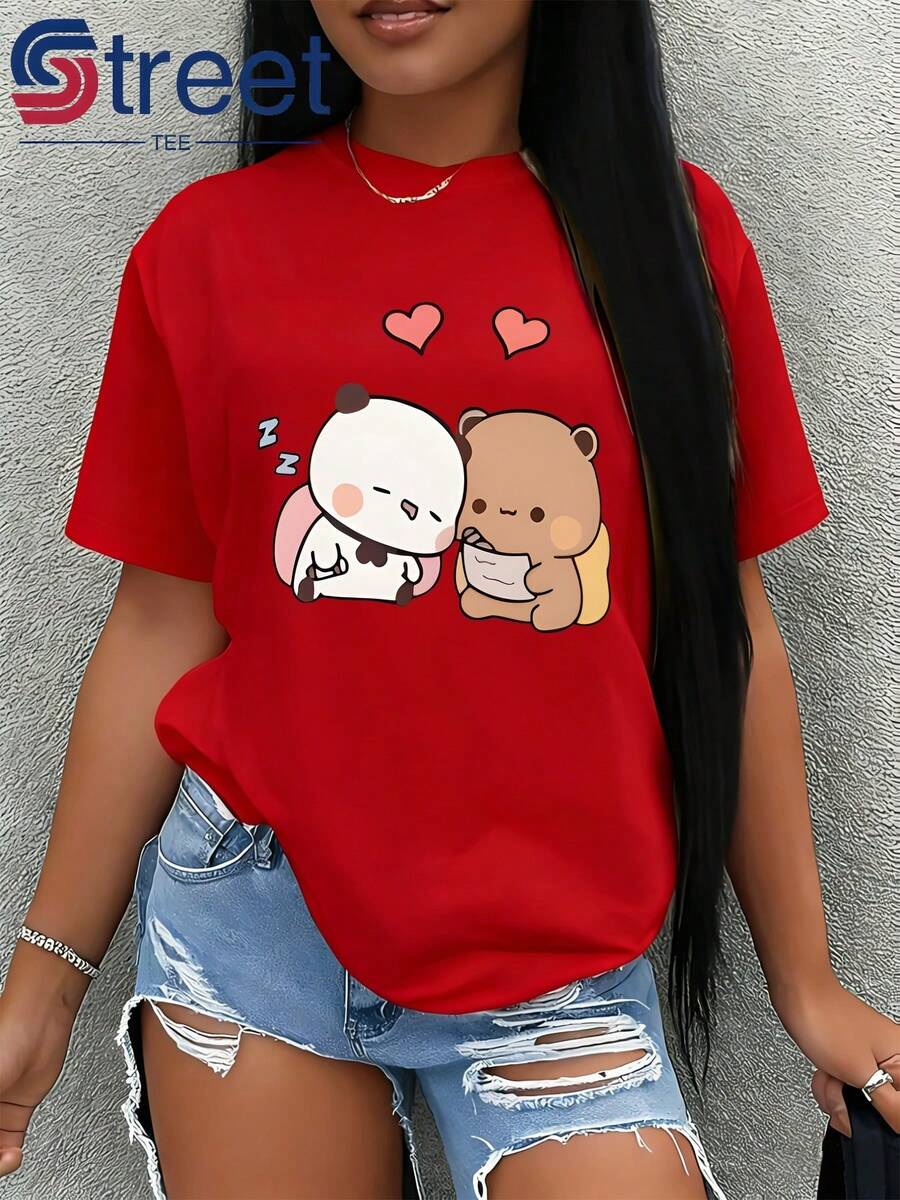 Women's Casual Short-Sleeve T-Shirt, Ideal For Summer Vacations, Featuring Panda And Brown Bear Appliqués And A Heart Design. A New Fashion For Women In 2026. Soft And Cute, With A Relaxed Style And Loose Short Sleeves. Simple, Elegant, Versatile, Fashionable, Comfortable, And A Great Casual Sports Top. Made Of Soft, Machine-Washable Fabric, Perfect For Spring And Summer. Suitable For Outdoor Activities And Everyday Wear. - 紅色 - 查看 1