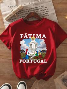 Premium Summer T-Shirt For Women With A Print Of Our Lady Of Fatima, 100% Pure Cotton, 220 Grams, Unisex Casual Style, Suitable For Daily Wear And As A Gift, Comfortable Fabric - A Perfect Choice For Lovers Of Religious Art And Portuguese Culture, Soft And Breathable Short-Sleeved T-Shirt For Summer. - 紅色 - 查看 12
