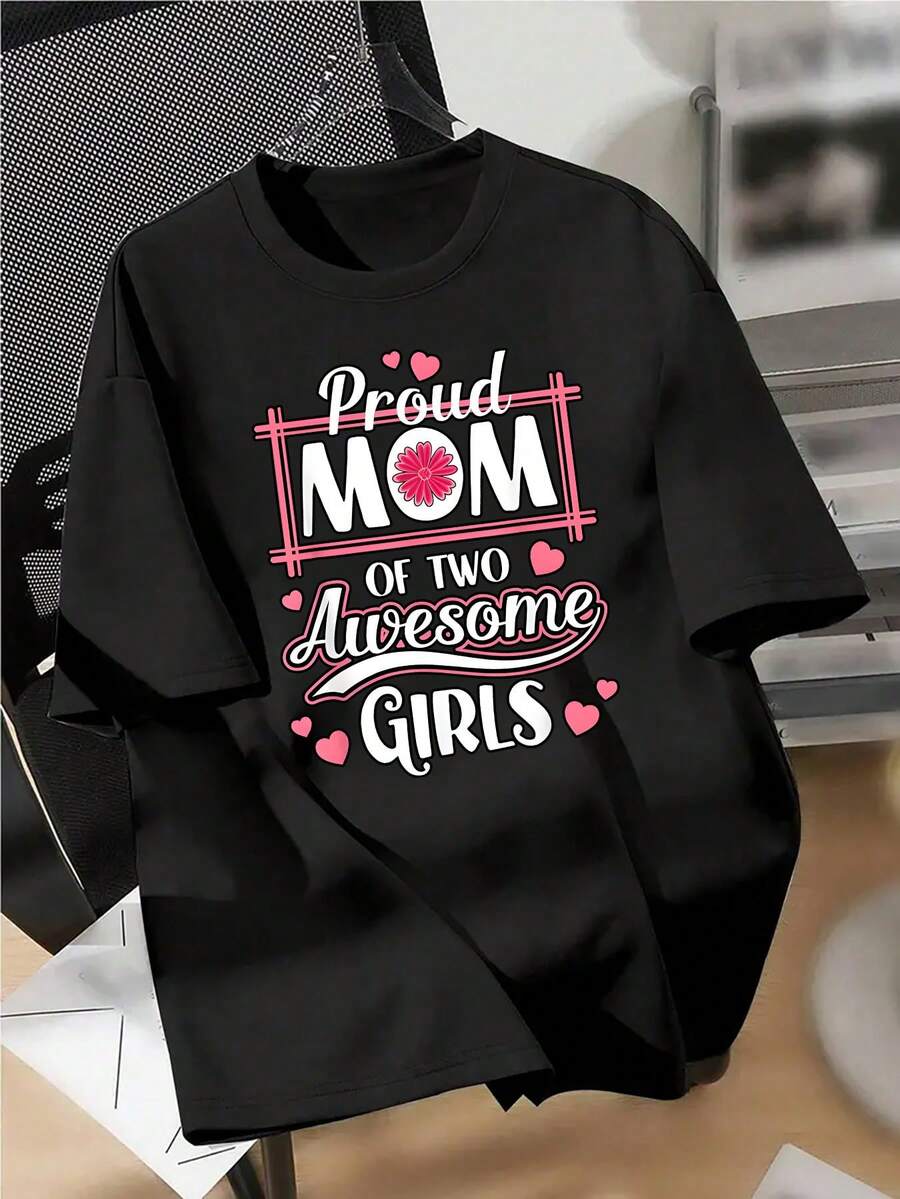 Women's Essential Casual T-Shirt With "Proud Double Mom" Print - Soft Cotton Fabric, Short Sleeves, Crew Neck, Eye-Catching White And Pink Design With Floral And Heart Symbols, Suitable For Casual Wear, A Mother's Day Gift, Show Your Pride. | Comfortable And Stylish Soft Cotton T-Shirt For Everyday Wear - 黑色 - 查看 1