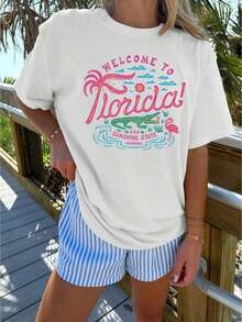 1 pieza de ropa para mujer, camiseta blanca con estampado de palmeras y flamencos, camiseta unisex casual de cuello redondo, tejido ligero de punto fino, lavable a máquina, para primavera/verano/otoño, Día de la Independencia/Día del Trabajo/Día de los Caídos, 180g, 100% algodón. - Blanco - Ver 8
