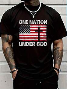Camiseta de hombre con cuello redondo, 100% algodón, camiseta casual con estampado de la bandera de ONE NATION UNDER GOD, 4 de julio, camiseta patriótica cristiana, camiseta con estampado gráfico para hombre y mujer. - Negro - Ver 1