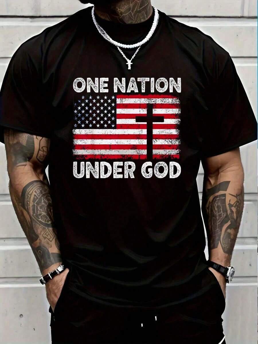 Camiseta de hombre con cuello redondo, 100% algodón, camiseta casual con estampado de la bandera de ONE NATION UNDER GOD, 4 de julio, camiseta patriótica cristiana, camiseta con estampado gráfico para hombre y mujer. - Negro - Ver 1