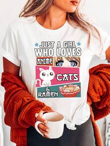 Women's T-Shirt With Simple And Versatile Anime, Cats And Ramen Design - "I Only Love Anime, Cats And Ramen" Print, Casual Short Sleeve Round Neck T-Shirt, Lightweight For Summer, Machine Washable, Comfortable Clothing, Fun Design T-Shirt, Breathable Cotton T-Shirt. - 白色 - 查看 7