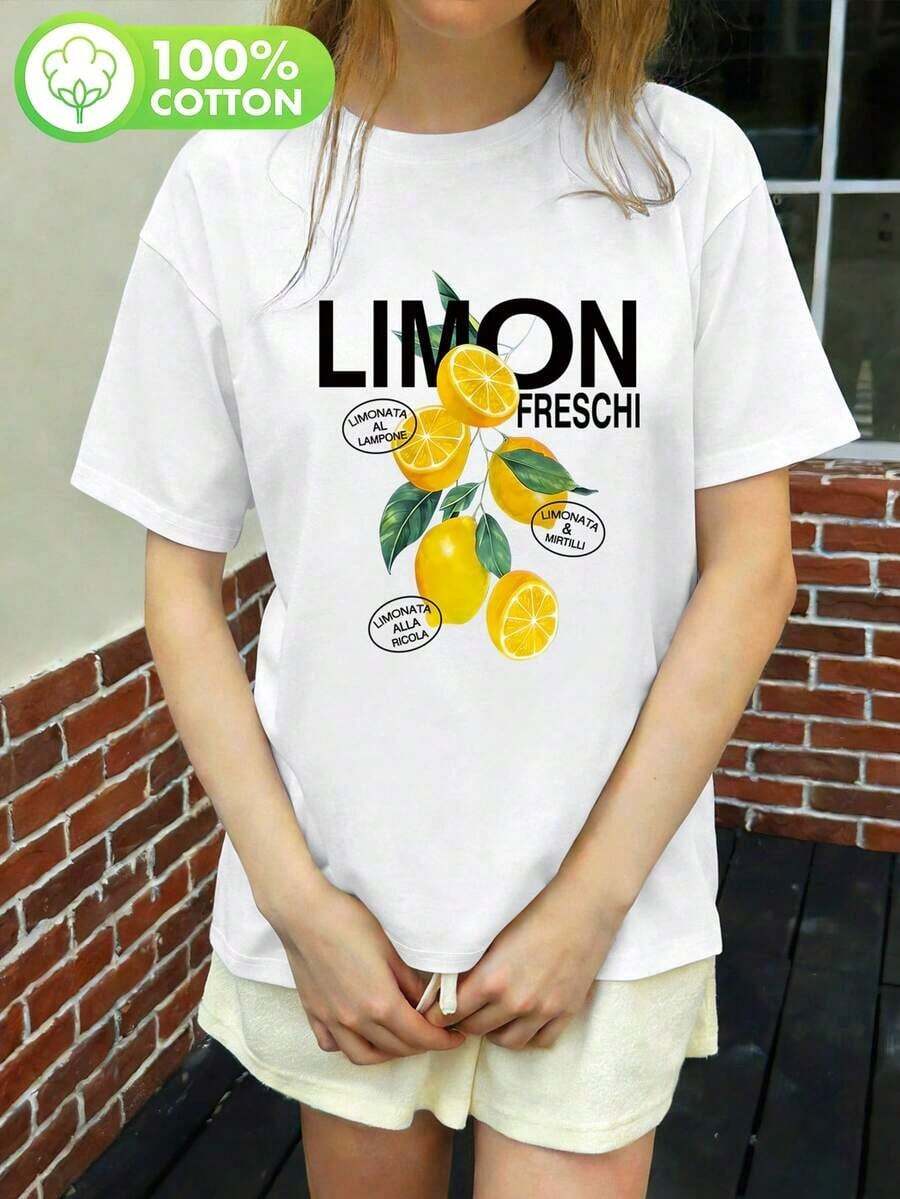 ropa de mujer Camiseta con estampado de limones frescos y letras para mujer, corte regular, adecuada para uso casual en primavera y verano, camisetas con estampado de limonada, camiseta de algodón puro, tops para amantes de la fruta, camisas de mujer - Blanco - Ver 1
