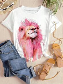 White Short Sleeve Crew Neck T-Shirt | Watercolor Style Lion Print With Dreamy Pink Mane + Artistic Brushstroke Design, Eye-Catching Breathable Casual Summer Top, Women's Winter Clothing - 白色 - 查看 3