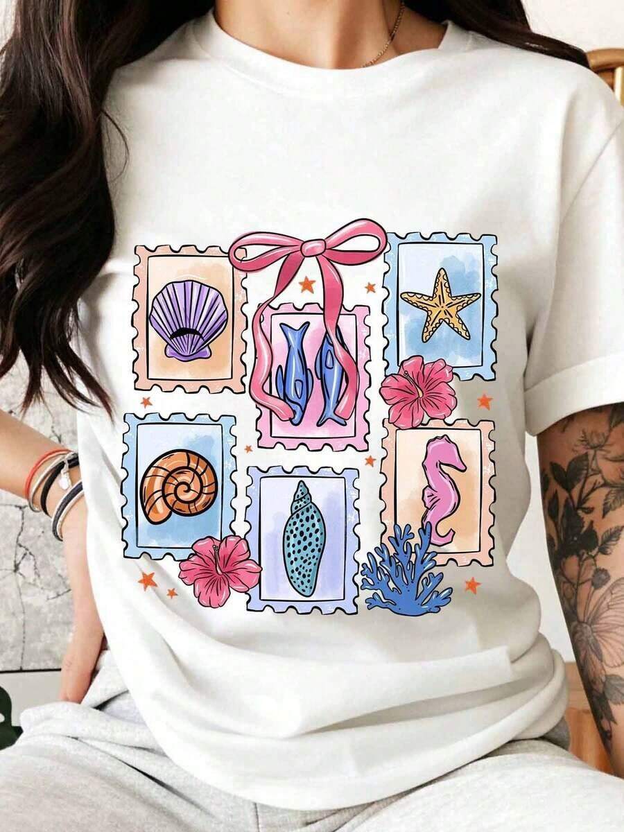 Camiseta de Verano con Diseño de Conchas Marinas, Estrellas de Mar y Caballitos de Mar para Mujer, Ropa Casual para Vacaciones, Camiseta con Gráficos Inspirados en el Océano, Camiseta para Mujer - Blanco - Ver 1