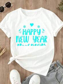 Women's Short-Sleeved T-Shirt With Snowflake And Heart Print To Celebrate The New Year, Casual Top For Festive Events, Cool Summer Clothes For Women. - 白色 - 查看 2