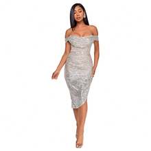 Women's Champagne-Colored Sequined Dress, Off-Shoulder Draped Design, Asymmetrical Side Slit, Stretchy Shiny Fabric Ideal For Summer Parties, Weddings As A Guest And Elegant Outdoor Dinners, Sexy Glamorous Style Perfect For Celebrations And Formal Events - 白色 - 查看 5