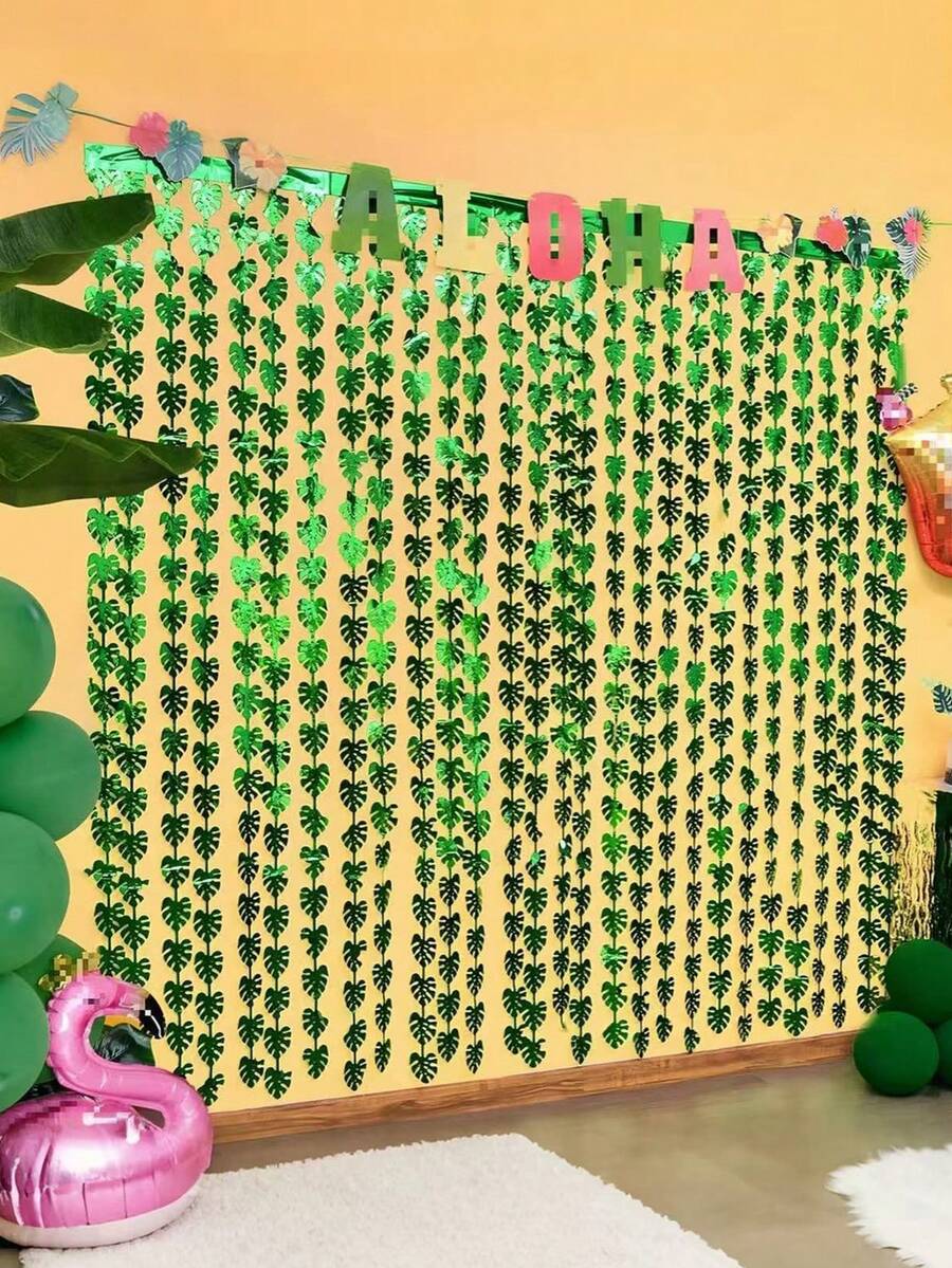 1件绿色热带棕榈叶箔背景布，热带树叶帘，龟壳叶纸质派对装饰，适用于生日派对、海滩派对装饰、动物园主题生日派对、非洲草原和夏威夷恐龙主题摄影背景（99厘米 x 198厘米）