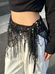 Women Belly Dance Sequin Tassel Hip Scarf Triangle Belt Wrap Skirts Music Festival Sheer Mesh Waist Chain - 彩色 - 查看 2