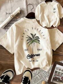 Women's Short-Sleeved T-Shirt, Casual Style, Round Neck, Palm Tree And Letter Print, Holiday Style, White And Pink, 100% Cotton, Urban Casual Style. - 杏色 - 查看 7