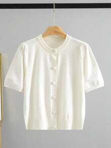 GIGOGOU 1XL-4XL 女款春夏短袖針織上衣，柔軟舒適開襟外套 白色 - 白色 - 查看 4