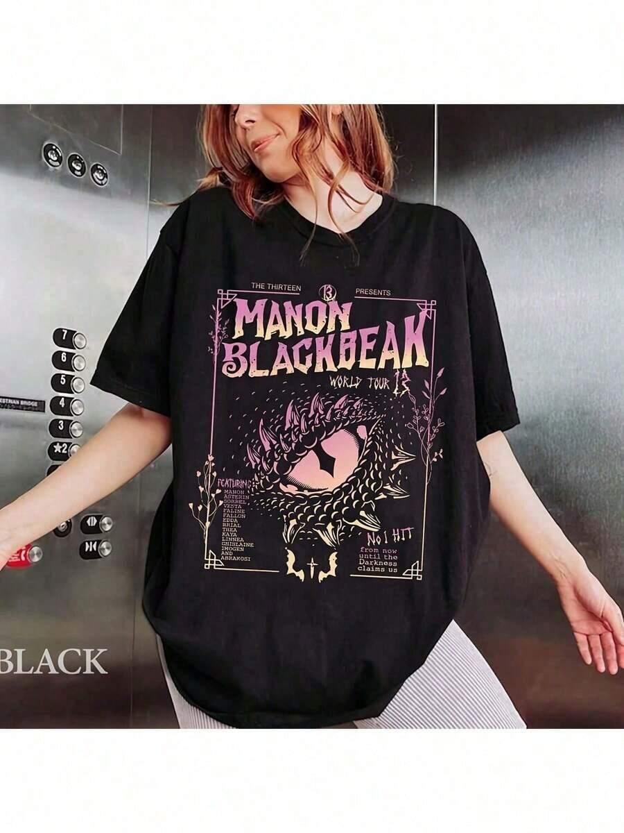 1 Piece Acotar Crescent City Manon Blackbeak Graphic T-Shirt - Black Summer Casual T-Shirt With Dragon And Geometric Print, Lightweight, Machine Washable, 180g 100% Cotton - 黑色 - 查看 1